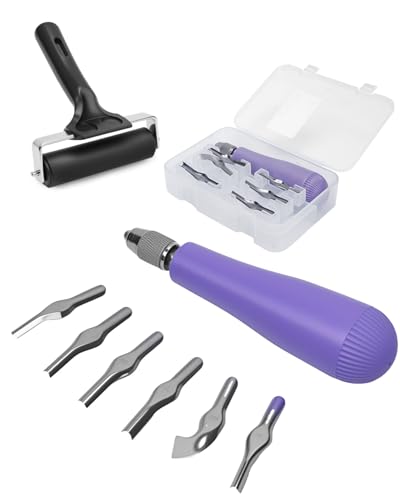 UCEC 5+1+1+6 Pack Linocut Wood Carving Tools Set Linoleum Experts & Beginners 6 Blades Universal Size Purple with 4‘’ Brayer Roller