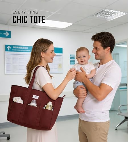 Bagelite Extra Large Canvas Tote for Women Men, Utility Work Bag with Zipper - color: Wine Red