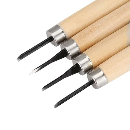 Stamp Carving Tools 4PCS Rubber Wood Carving Knife Tools | Rubber Carving Tools, Linocut Tools with Wooden Handle for Rubber Stamps 5.3 Inch Length