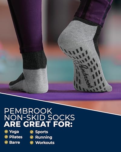 Pembrook Non Slip Crew Grip Socks Men & Women - 4 Pairs | Non Slip Socks for Elderly, Hospital, Pilates, Yoga, Barre, Home - color: Black - 4 Pairs, size: Large