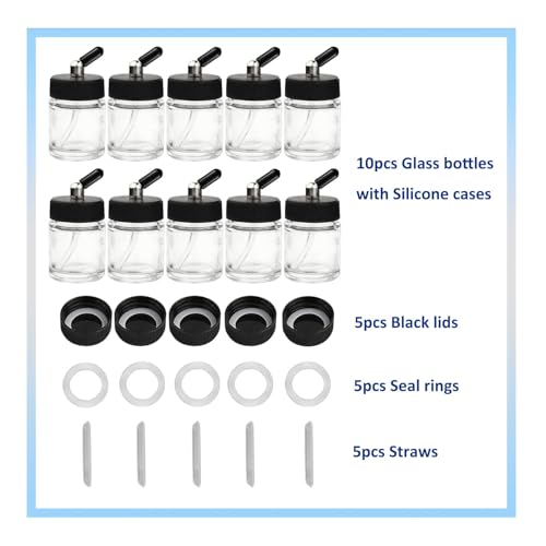 10pk 0.75oz Glass Airbrush Bottles,60°Siphon with Storage Lids & Cap | 60° siphon adapter fits Iwata/Master/Badger/Paasche. 10 glass jars + 5 sealing lids for storage + 10 silicone dust caps - size: G3PG
