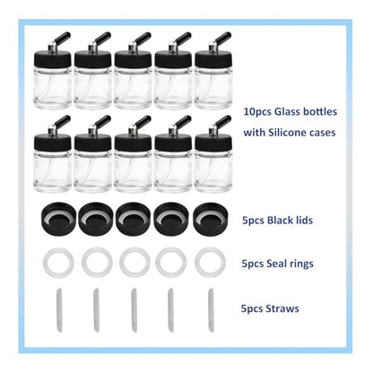 10pk 0.75oz Glass Airbrush Bottles,60°Siphon with Storage Lids & Cap | 60° siphon adapter fits Iwata/Master/Badger/Paasche. 10 glass jars + 5 sealing lids for storage + 10 silicone dust caps - size: G3PG