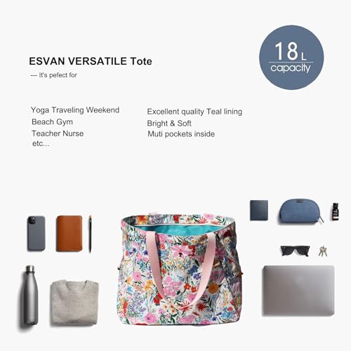 ESVAN Yoga Tote Bag for Women Drawstring Canvas Shoulder Bags for Workout Travel Carryall Pilates Gym and Beach - color: Pink Flower