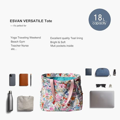 ESVAN Yoga Tote Bag for Women Drawstring Canvas Shoulder Bags for Workout Travel Carryall Pilates Gym and Beach - color: Pink Flower