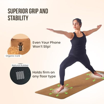 MHW - LIVE WELL Cork Yoga Exercise Mat | Natural Resists Sweat & Odors | Non-Slip TPE Yoga Mat | Extra Comfort for Hot Yoga, Pilates, and Workouts | 6mm Thick, Eco-Friendly