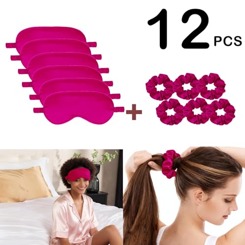 12Pcs Silk Sleep Masks Satin Eye Mask Silky Eyes Cover Blindfold Eyeshade Hair Ties Scrunchy Travel Bridesmaids Gifts - color: Hot Pink