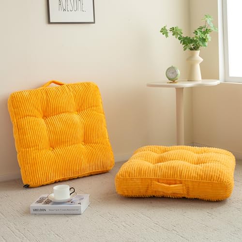 HIGOGOGO Floor Pillow Cushion for Adults, Meditation Cushion Pillow, Large Square Floor Sitting, Tufted Corduroy Cover, for Tatami Living Room or Yoga, 22x22 Inch, 2Pack, Orange - color: Square Orange, size: 4" Thick(Pack of 2)