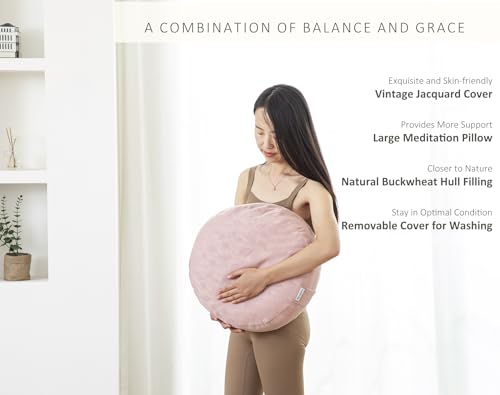 Meditation Cushion, Comfortable Meditation Pillow with Peacock Feather Jacquard Cover. Buckwheat Hull Filled Zafu Floor Pillow 16 * 16 * 5 in - color: Pink
