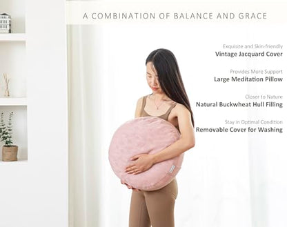 Meditation Cushion, Comfortable Meditation Pillow with Peacock Feather Jacquard Cover. Buckwheat Hull Filled Zafu Floor Pillow 16 * 16 * 5 in - color: Pink