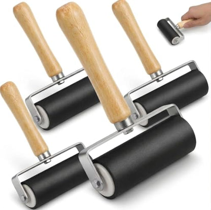 Ciieeo 4 Pcs Brayer Roller Set - Rubber Brayer Rollers for Printmaking Stamping, Ink, Painting Craft Projects Scrapbooking Art DIY Tools with Ergonomic Wooden Handle - size: 14x12.2x3.5cm