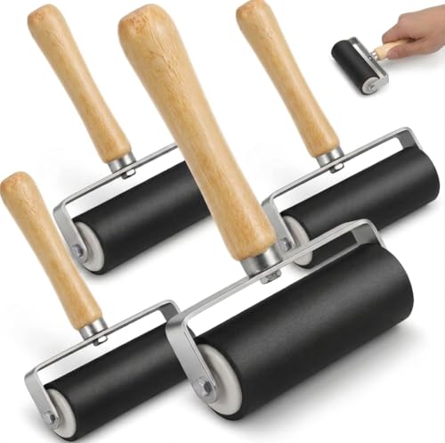 Ciieeo 4 Pcs Brayer Roller Set - Rubber Brayer Rollers for Printmaking Stamping, Ink, Painting Craft Projects Scrapbooking Art DIY Tools with Ergonomic Wooden Handle - size: 14x12.2x3.5cm
