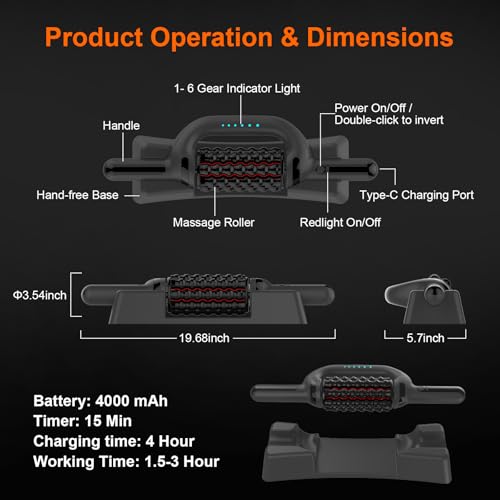 Electric Rolling Massager with Redlight, Handheld Percussive Roller Massger | Hands-Free Base Muscle Recovery and Back Massage Roller, Rechargeable 6-Speed Foot Massage Roller for belly Legs Calf Foot - color: Black