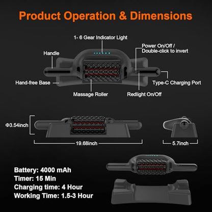 Electric Rolling Massager with Redlight, Handheld Percussive Roller Massger | Hands-Free Base Muscle Recovery and Back Massage Roller, Rechargeable 6-Speed Foot Massage Roller for belly Legs Calf Foot - color: Black