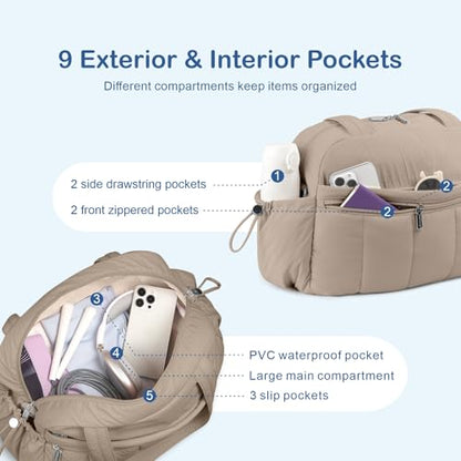 TOPDesign Travel Duffel Bag for Women, Puffer Gym Bag Sports Tote with Wet Pocket, Carry On Weekender with Luggage Sleeve (Camel) - color: Camel
