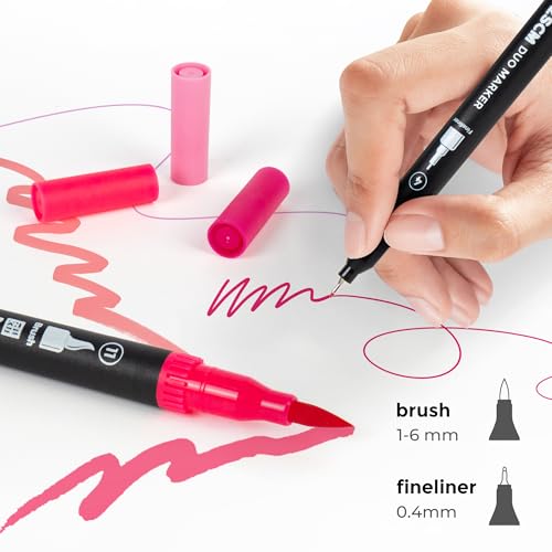 Pink Duo Tip Marker Pens, 12 Fine & Brush Tip Pen For Adult Coloring Books | No Bleeding Blushing Pink Markers, Drawing Pen for Romantic Illustrations, Floral Designs, Cute Doodling and Lettering - color: 12 Pink