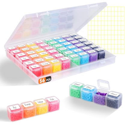 Rolett 56 Grids Bead Storage Containers with 110Pcs Label Stickers | Small Bead Organizer Box, Multi Purpose Diamond Art Painting Storage Containers for DIY Craft & Jewelry Supplies