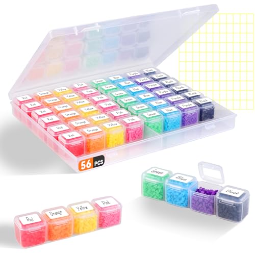 Rolett 56 Grids Bead Storage Containers with 110Pcs Label Stickers | Small Bead Organizer Box, Multi Purpose Diamond Art Painting Storage Containers for DIY Craft & Jewelry Supplies