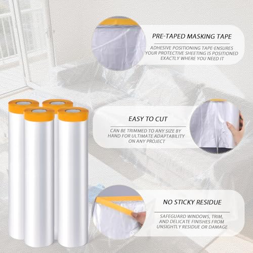4 Rolls 8.9 x 65.6 ft Pre-Taped Masking Film, Plastic Drop Cloth with Tape | Plastic Sheeting Drop Cloth for Painting,Automotive Covering and Appliance Protection,Pre Taped painter,Plastic Sheeting Roll