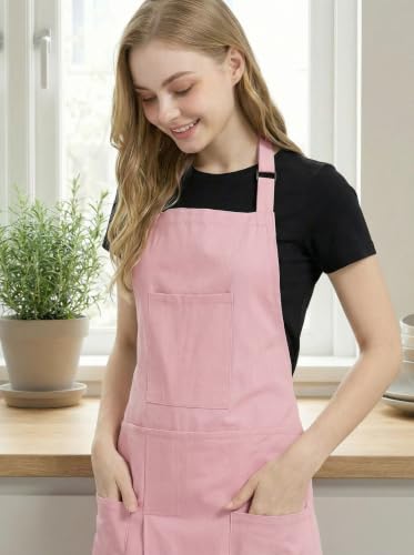 Molaxhome Split Pottery Apron with 3 Pockets Unisex with Adjustable Strap | Cotton Blend,Kitchen Apron,for Ceramics,Gardening,Kitchen Cooking - color: Pink