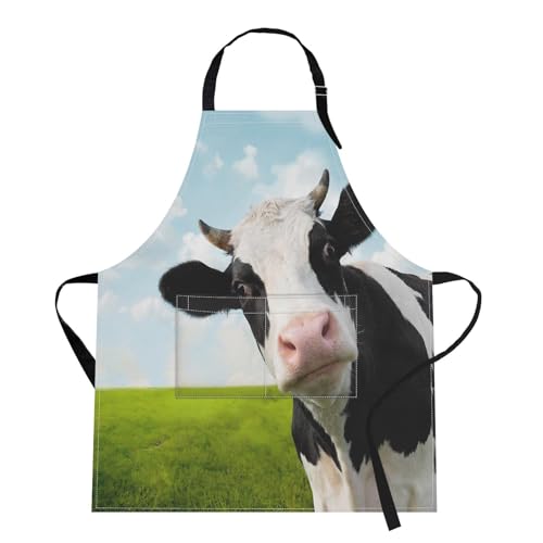 Apron with Pockets, 32x28 inch, for Women Men, Cow Green | Funny Grassland Waterproof Adjustable Bib Aprons for Kitchen Cooking Baking Painting Gardening - color: Green