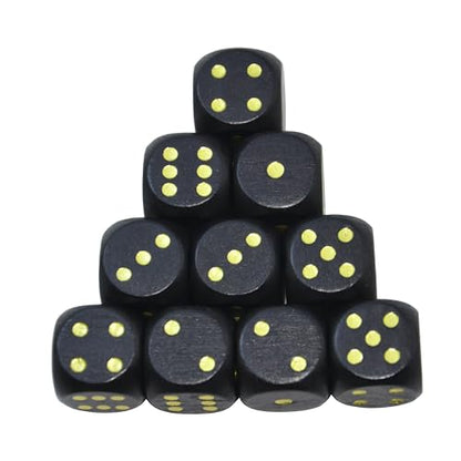 Set of 10 16MM Six Sided D6 Round Wooden Dice Set (Black) - color: Black