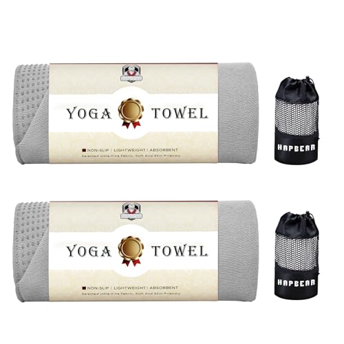 HAPBEAR 2 Pack Non Slip Yoga Mat Towel with Grip Dots, 72" x 24" Hot Yoga Towel - Super Absorbent Microfiber Yoga Towel for Hot Yoga, Bikram, Pilates and Gym Workout - Grey - color: Grey (2 Pack)