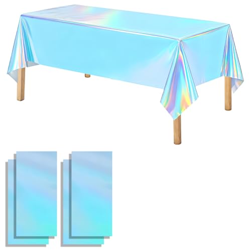 OQOQ Iridescent Light Blue Table Cloths (4 Packs) - 54x108 Inches Blue Party Tablecloth Rectangular Disposable Plastic Table Cover for Birthday Summer Gender Reveal Ocean Mermaid Party - color: Light Blue