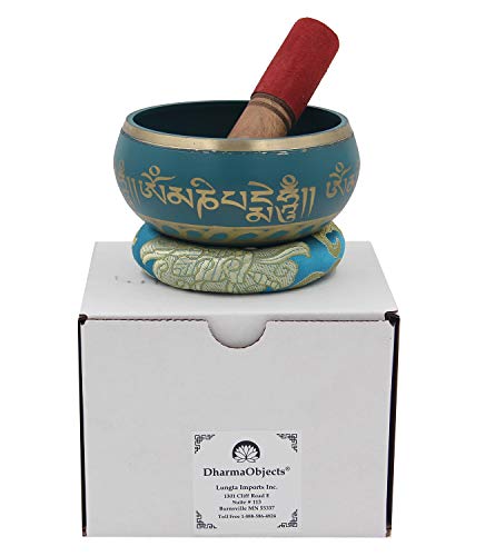 DharmaObjects Medium Tibetan Meditation Om Mani Padme Hum Peace Singing Bowl With Mallet - color: Turquoise, size: Medium