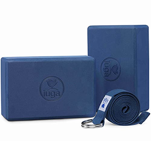 IUGA Yoga Blocks 2 Pack With Strap Non Slip High Density 9"x6"x3" Solid & Cork Yoga Block With Yoga Strap to Improve Strength Balance for Yoga Pilates Meditation