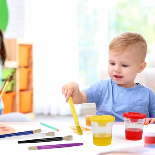 No Spill Paint Cups with Lids, 10 Pcs Spill Proof Painting Containers and 10 Round Paint Brushes Kids Art Craft Class Home Supplies 10 Colors
