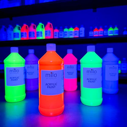 milo Fluorescent Acrylic Paint Set, 6 Neon UV Colors, 32 oz Bottles | Glows in Black Light, AP Certified Non-Toxic, Made in USA, Arts & Crafts Paints for Artists, Student, Hobby Painters, Mixable - style: Fluorescent Set 6 x 32 oz