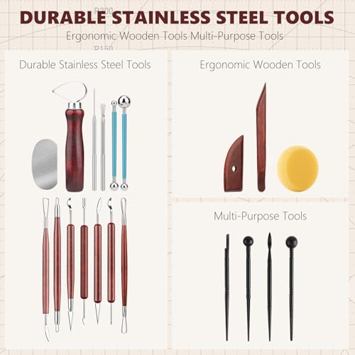 23PCS Clay Tools Sculpting, Ceramic & Pottery Modeling Tool, Ceramics Tools Set, Polymer Tools Kit, Air Dry Clay Tools for Carving, Molding, Pottery Wheel, Crafting Supplies, Pros, Beginners, Adults - color: Stained Wood-23PCS