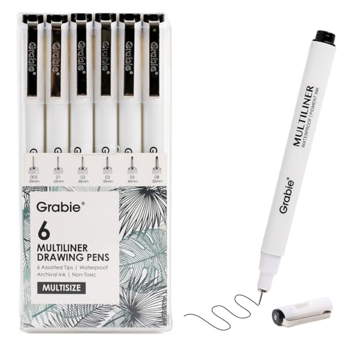 Grabie Micro Fineliner Pens, 6 Black Waterproof Drawing Pens | Waterproof Pigment Ink, 6 Assorted Tip Sizes, Precision Fine Lines, Metal-Clad Nibs, Smooth Ink Flow, Smudge Resistant - color: 6-Black