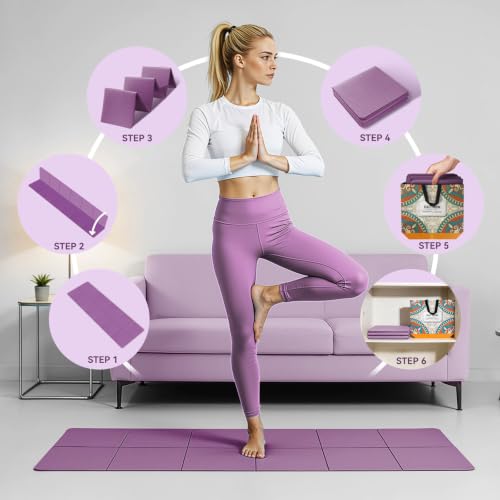 Foldable Yoga Mat Thick Non-Slip Exercise Mat | Packable Travel Fitness Mat, Carrying Bag Included, For Yoga, Pilates, Workout, Home & Gym Use - color: purple