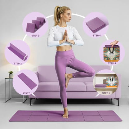 Foldable Yoga Mat Thick Non-Slip Exercise Mat | Packable Travel Fitness Mat, Carrying Bag Included, For Yoga, Pilates, Workout, Home & Gym Use - color: purple