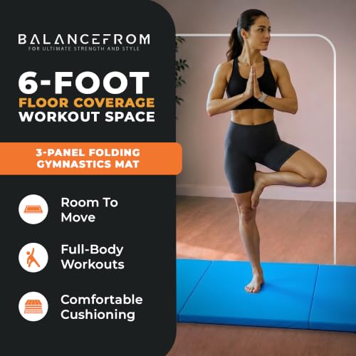 BalanceFrom 6x2 Feet 3-Panel Folding Gymnastics Mat – 1.5-Inch Thick Pad with Vinyl Surface and Carrying Handles for Tumbling, Yoga, Pilates, Home Workouts, and Martial Arts - color: Blue
