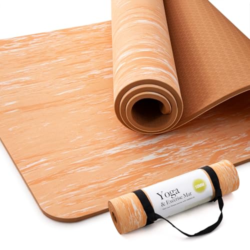 UMINEUX Extra Thick Yoga Mat, 2/5 Inch (10MM), Natural Rubber and TPE Non Slip Yoga Mats with Strap for Women Men, Eco Friendly Exercise Mat for Yoga, Pilates and Home Workout - color: Peach Fuzz, size: 72" x 24" x 2/5"