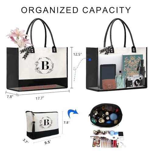 BeeGreen Embroidery Monogram Initial Tote Bag for Women Teacher Mom Friend Personalized Gift for Birthday Beach Work Wedding - color: White Lily, style: B