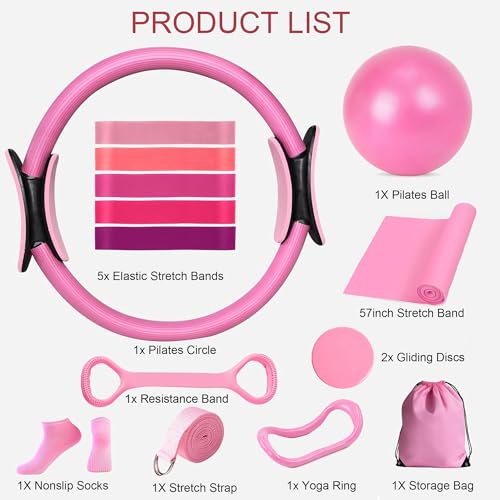 Pilates Kit for Home Workouts, Pilates Equipment Set with Ring, Ball, 5 Resistance Bands, Magic Circle Hoop, Gliding Discs, Compact Toning Fitness Essentials Starter Accessories Pilates Sets for Women
