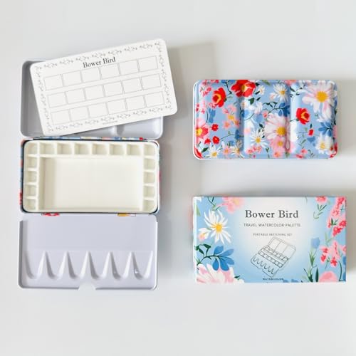 Bower Bird Travel Watercolor Palette,Portable Ceramic Palette 16 Well,Empty Paint Palette,Small Travel Metal Paint Boxwith Porcelain Palette (16Well) - size: 16 Wells