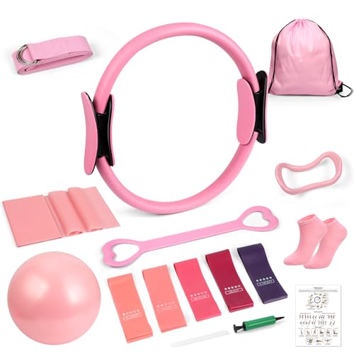 Pilates Kit for Women, 16PCS Workout Equipment for Beginners, Pilates Set for Home Workouts with Pilates Ring and Ball, Resistance Bands, Yoga Strap, Non-Slip Socks at Gym, Outdoor