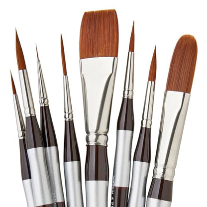 KINGART 1070C Premium 8 Pc. Precision Acrylic Artist Paint Brushes, Short Comfort Handle, Synthetic Taklon Hair for Acrylic, Oil, Watercolor and Gouache Paints, Set of 8