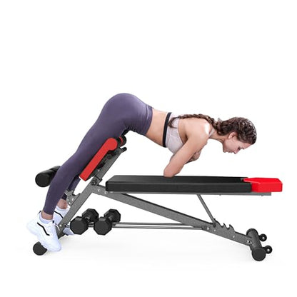 Finer Form Multi-Functional Adjustable Weight Bench and Roman Chair | 8 Back Extension Levels, Chest Press, Sit Ups, Flat Decline Settings, Sturdy Steel Frame, Thick Pad, Workout Chart Included