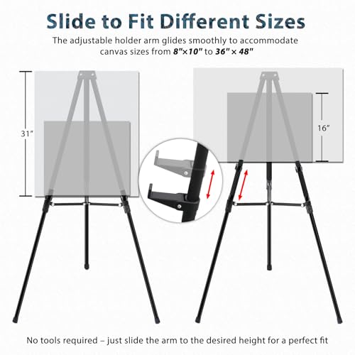 64" Aluminum Telescoping Display Easel, Adjustable Easel Stand, 1pc | Adjustable Height, Portable Floor&Tabletop Easel for Signs, Artwork, Posters, Whiteboard and Painting Display, Black