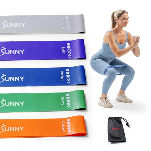 Sunny Health & Fitness 5-Level Resistance Loop Bands for Strength Training | Full-Body Workout, Progressive Exercise, Yoga, Pilates, Recovery, Lightweight, Compact, Carry Bag for Travel
