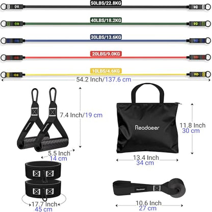 READAEER Resistance Bands, 10-150 LBS Exercise Bands with Handles, Ankle Straps & Door Anchor, Adjustable Workout Bands for Full Body Strength Training, Home, Gym & Travel - size: 10-150LBS