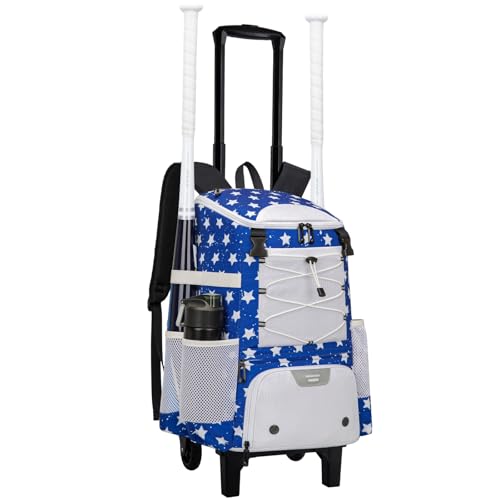 KAVIGOR 2-in-1 Rolling Baseball & Softball Bag, Detachable Backpack, Roll or Carry, Dual-Pole Anti-Tip, 3.5" Wheels, No Tools Setup - color: White & Blue
