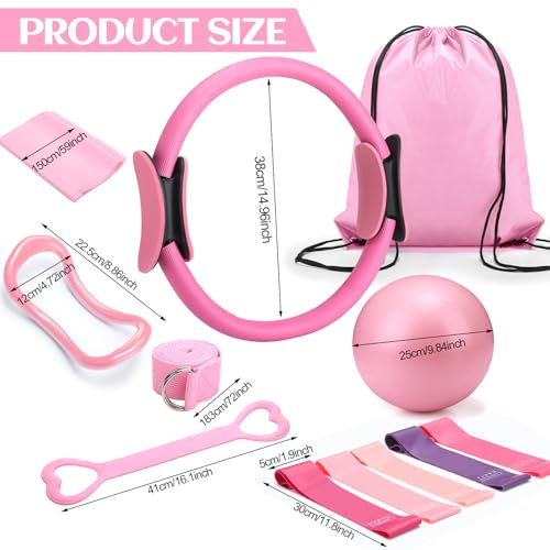 RoundFunny Set of 18 Pilates Ring Essential Kit for Women Pilates Ring and Ball Ankle Resistance Band Yoga Strap Socks Mat Arm Stretcher Latex Tube Gym Back Bag Exercise Equipment for Workout - color: Pink