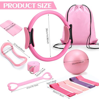 RoundFunny Set of 18 Pilates Ring Essential Kit for Women Pilates Ring and Ball Ankle Resistance Band Yoga Strap Socks Mat Arm Stretcher Latex Tube Gym Back Bag Exercise Equipment for Workout - color: Pink
