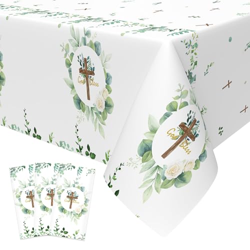 3Pcs God Bless Baptism Tablecloth, 54 x 108 Inch Eucalyptus Leaf Cross Religious Table Cover, Sage Green Plastic Tablecloth for Baby Showers, First Communion Decorations - color: God Bless Baptism